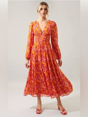 Sugarlips Pink & Yellow Floral Midi Dress